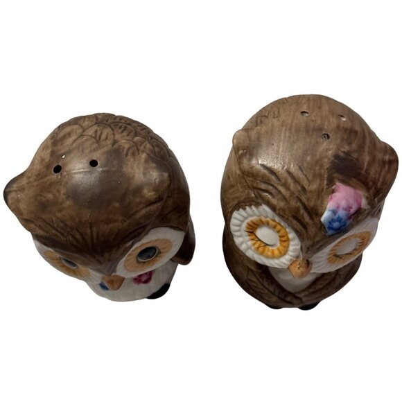 Vintage Owls Salt Pepper Shakers Stoppers Brown Ceramic Kitschy Korea 2.75" MCM - Picture 6 of 8